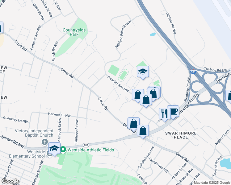 map of restaurants, bars, coffee shops, grocery stores, and more near 3533 Ferncliff Avenue Northwest in Roanoke
