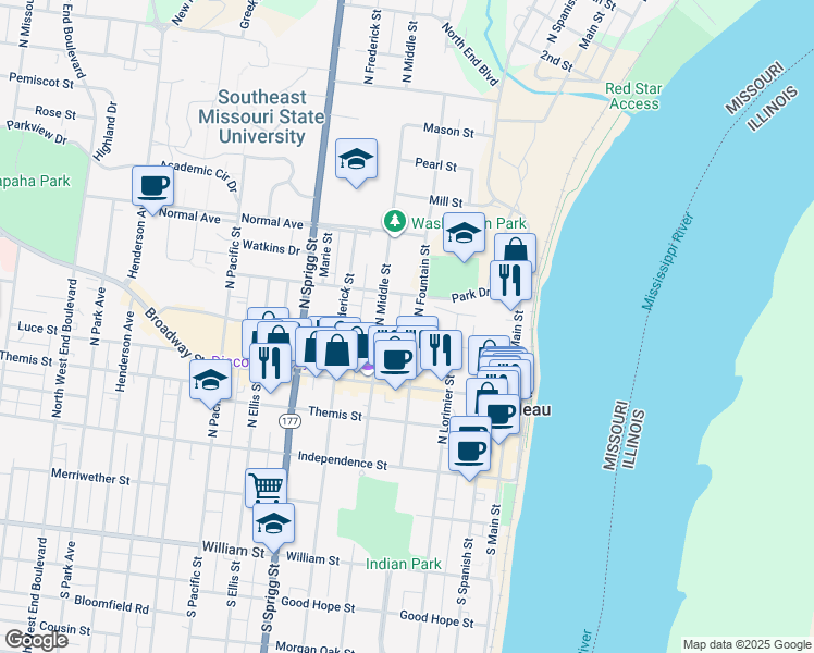 map of restaurants, bars, coffee shops, grocery stores, and more near 426 Bellevue Street in Cape Girardeau