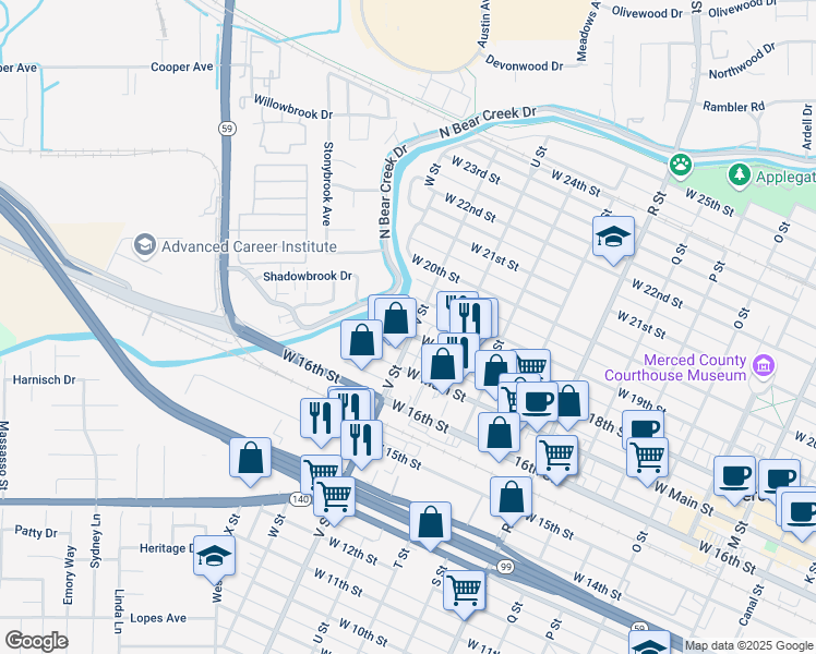 map of restaurants, bars, coffee shops, grocery stores, and more near 1505 West 18th Street in Merced