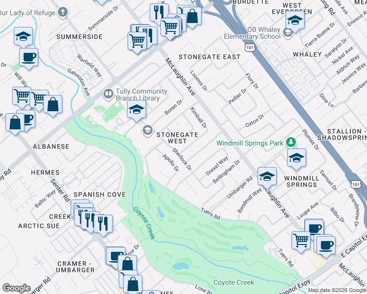 map of restaurants, bars, coffee shops, grocery stores, and more near 2693 Kimball Drive in San Jose