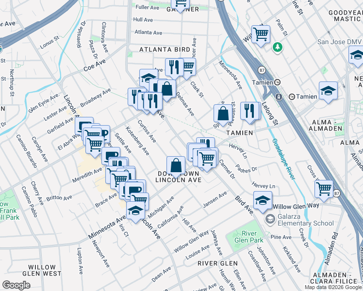 map of restaurants, bars, coffee shops, grocery stores, and more near 1315 Bird Avenue in San Jose