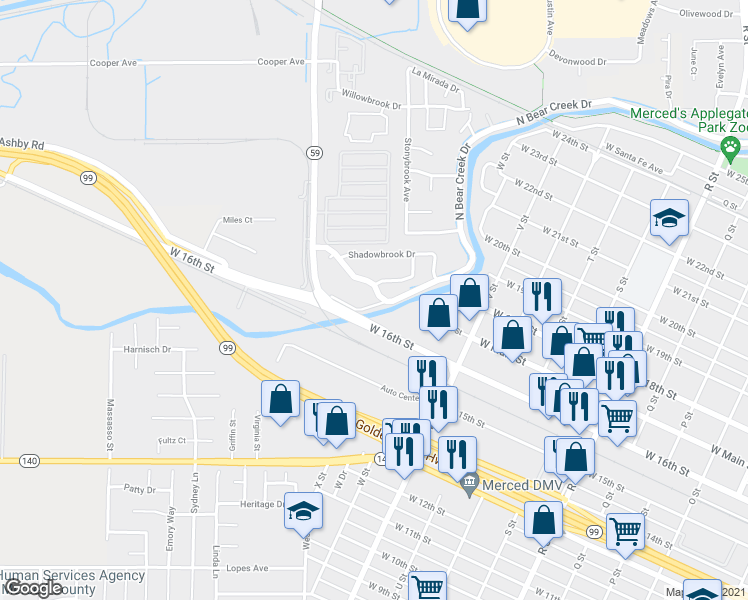 map of restaurants, bars, coffee shops, grocery stores, and more near 1705 West North Bear Creek Drive in Merced