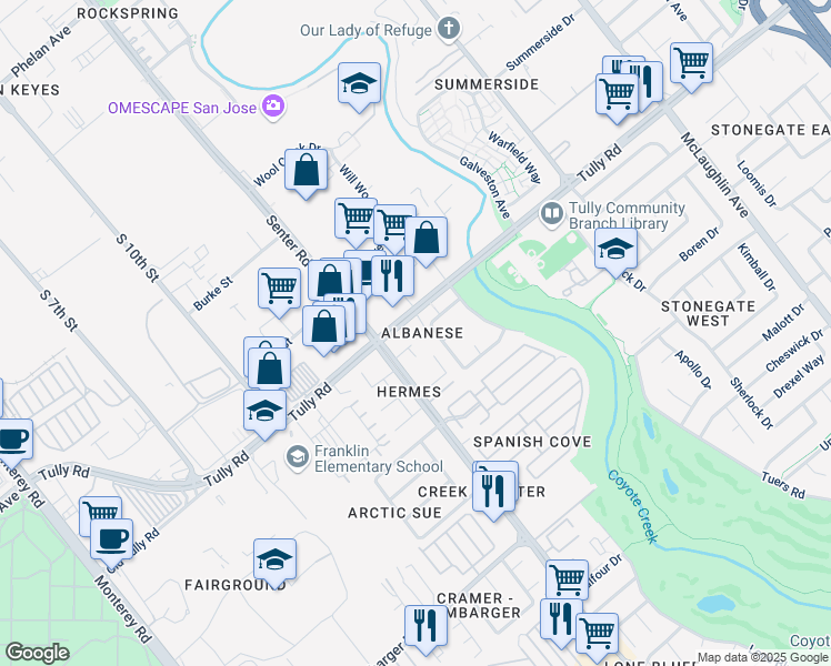map of restaurants, bars, coffee shops, grocery stores, and more near 614 Tully Road in San Jose