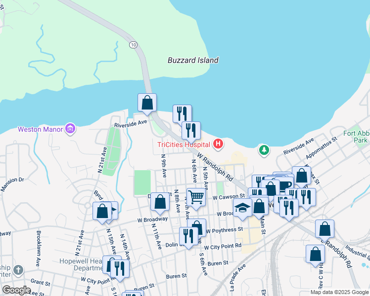 map of restaurants, bars, coffee shops, grocery stores, and more near 703 North 7th Avenue in Hopewell
