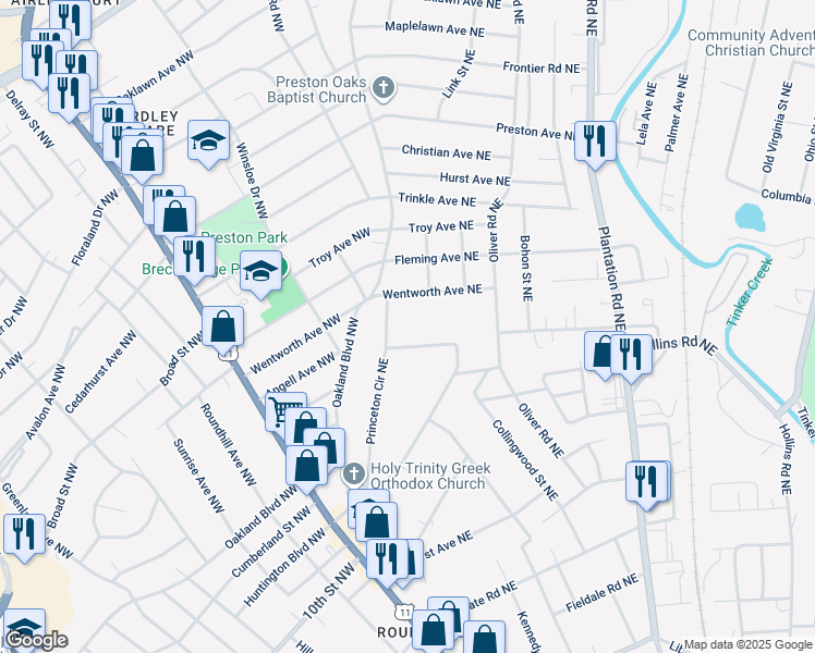 map of restaurants, bars, coffee shops, grocery stores, and more near 118 Princeton Circle Northeast in Roanoke