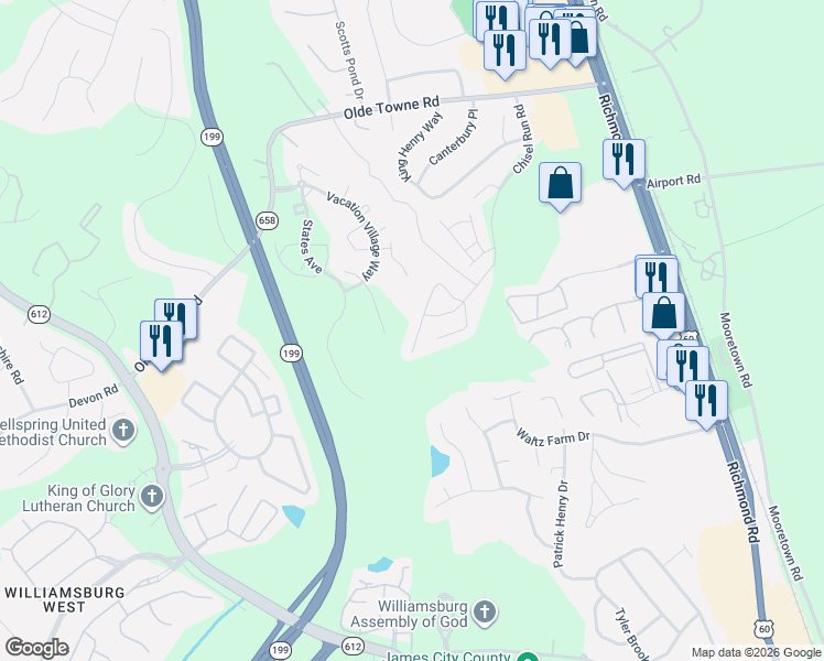 map of restaurants, bars, coffee shops, grocery stores, and more near 5380 Gardner Court in Williamsburg
