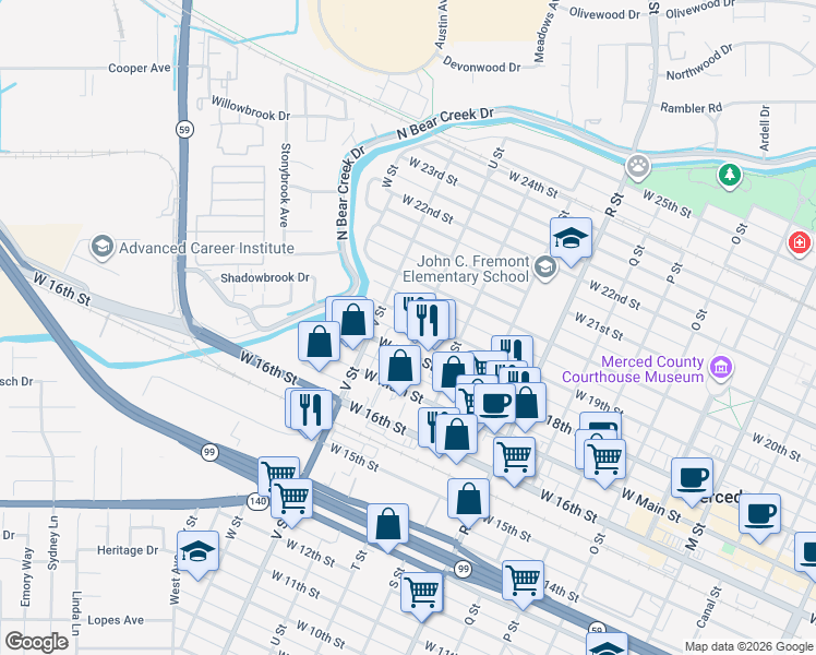 map of restaurants, bars, coffee shops, grocery stores, and more near 1445 West 18th Street in Merced
