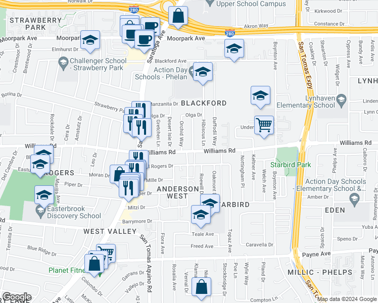 map of restaurants, bars, coffee shops, grocery stores, and more near 4070 Williams Road in San Jose