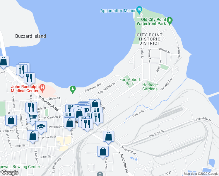 map of restaurants, bars, coffee shops, grocery stores, and more near 502 Appomattox Street in Hopewell
