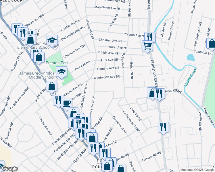 map of restaurants, bars, coffee shops, grocery stores, and more near 142 Princeton Circle Northeast in Roanoke