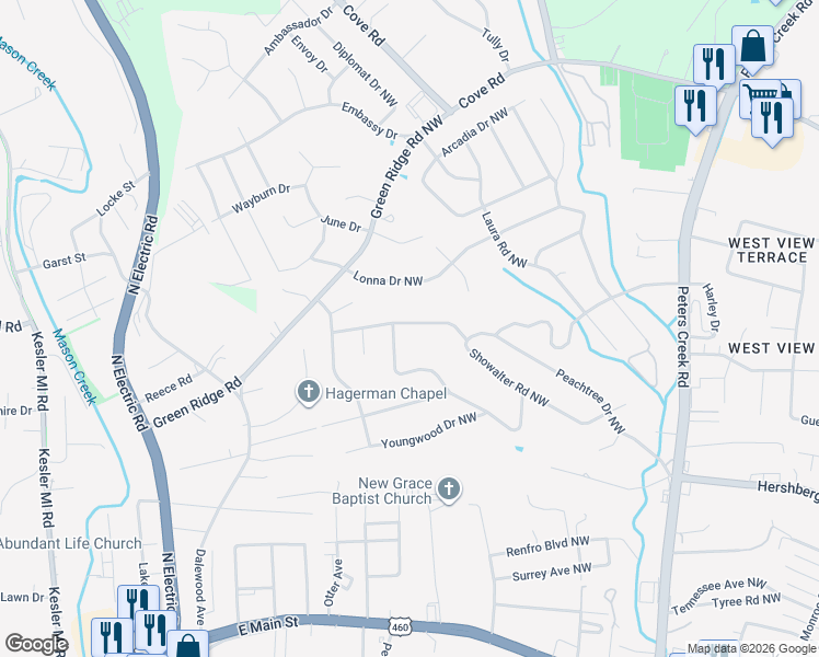 map of restaurants, bars, coffee shops, grocery stores, and more near 4952 Showalter Road Northwest in Roanoke