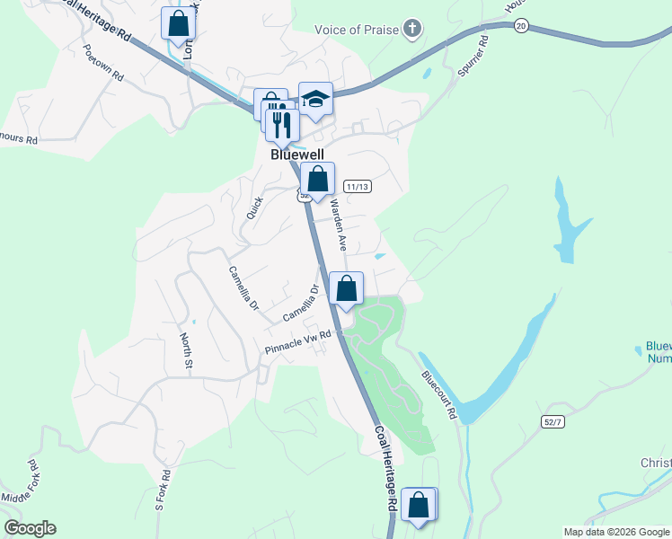 map of restaurants, bars, coffee shops, grocery stores, and more near 269 Warden Avenue in Bluefield