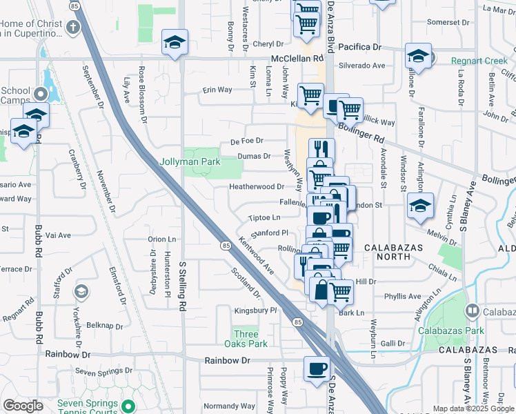 map of restaurants, bars, coffee shops, grocery stores, and more near 7516 Fallenleaf Lane in Cupertino