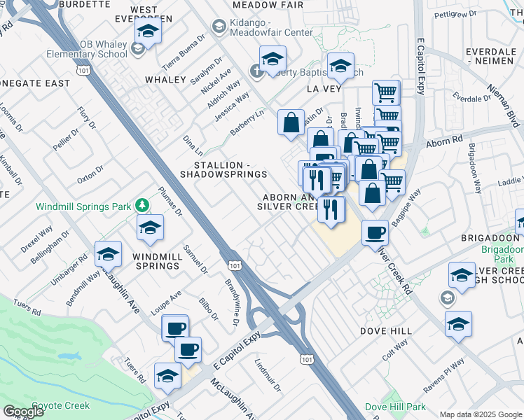 map of restaurants, bars, coffee shops, grocery stores, and more near 2979 Stallion Way in San Jose