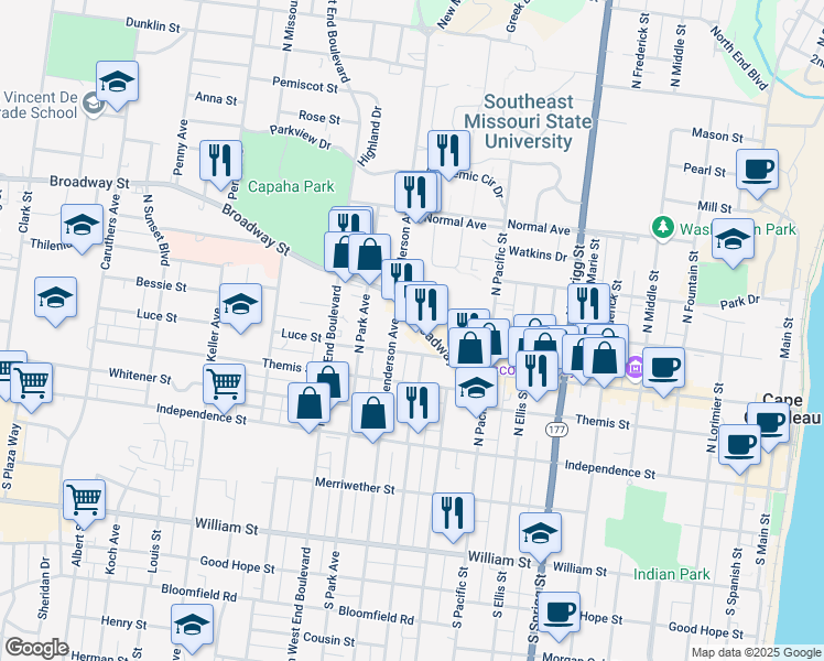 map of restaurants, bars, coffee shops, grocery stores, and more near 1107 Broadway Street in Cape Girardeau