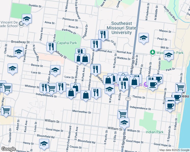 map of restaurants, bars, coffee shops, grocery stores, and more near 1107 Broadway Street in Cape Girardeau