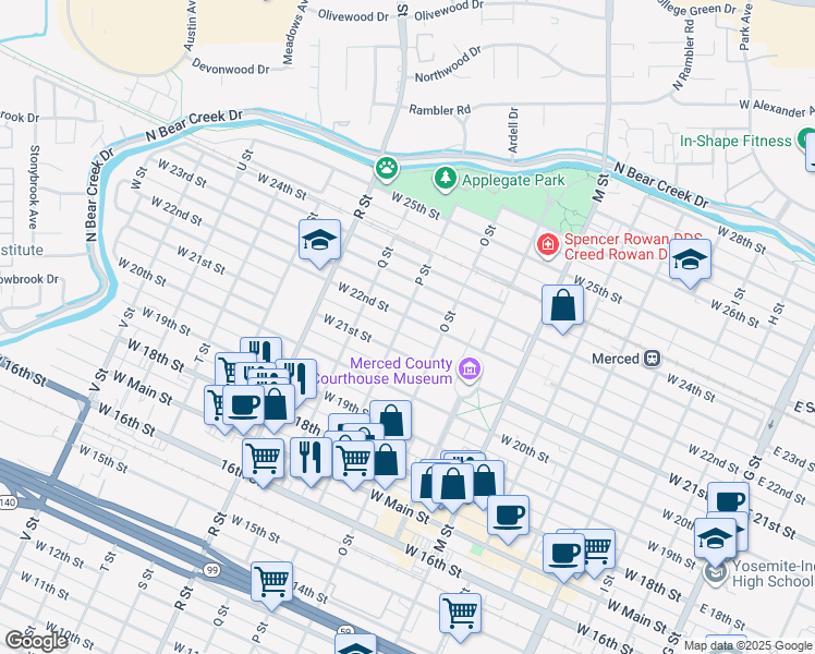 map of restaurants, bars, coffee shops, grocery stores, and more near 826 West 22nd Street in Merced