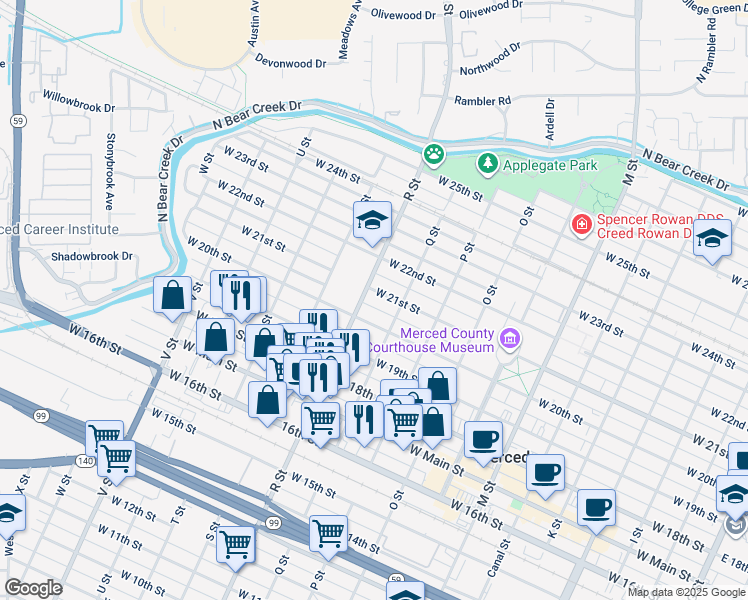 map of restaurants, bars, coffee shops, grocery stores, and more near 1061 West 20th Street in Merced
