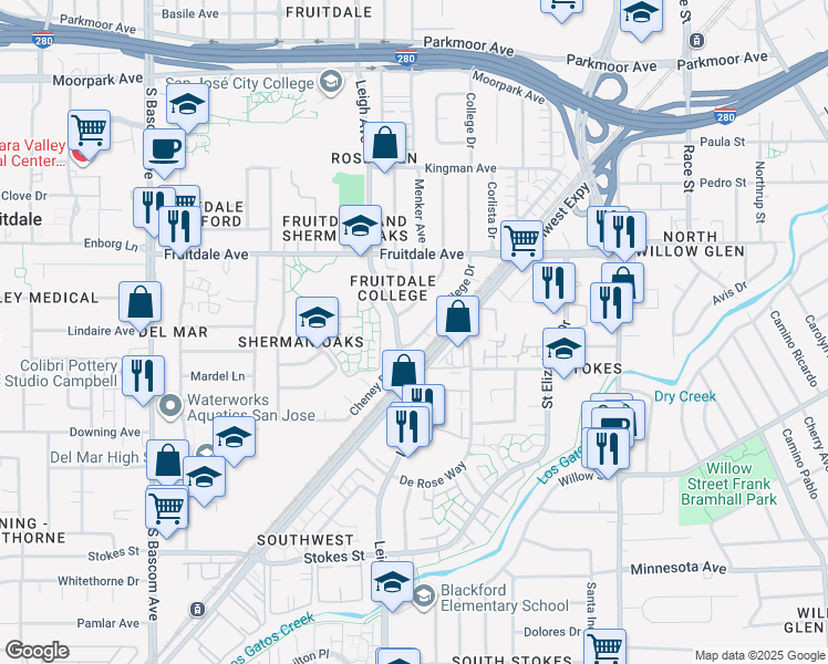 map of restaurants, bars, coffee shops, grocery stores, and more near 992 College Drive in San Jose