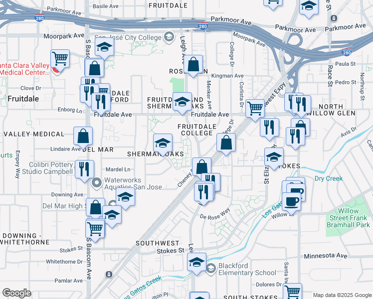 map of restaurants, bars, coffee shops, grocery stores, and more near 943 Willowleaf Drive in San Jose
