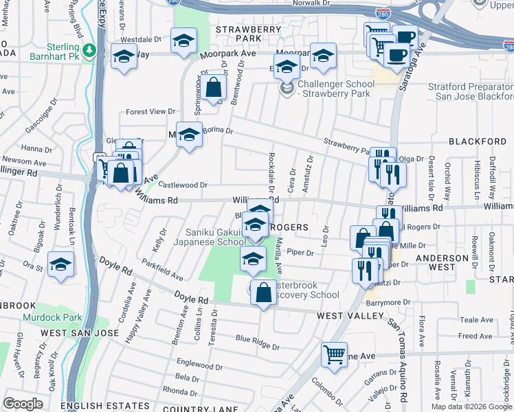 map of restaurants, bars, coffee shops, grocery stores, and more near 4693 Blanco Drive in San Jose