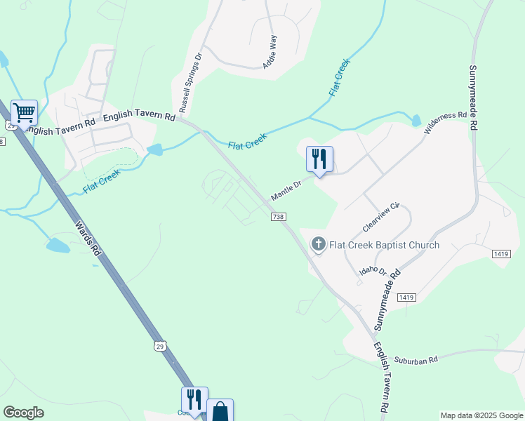 map of restaurants, bars, coffee shops, grocery stores, and more near 15 Jasper Circle in Lynchburg