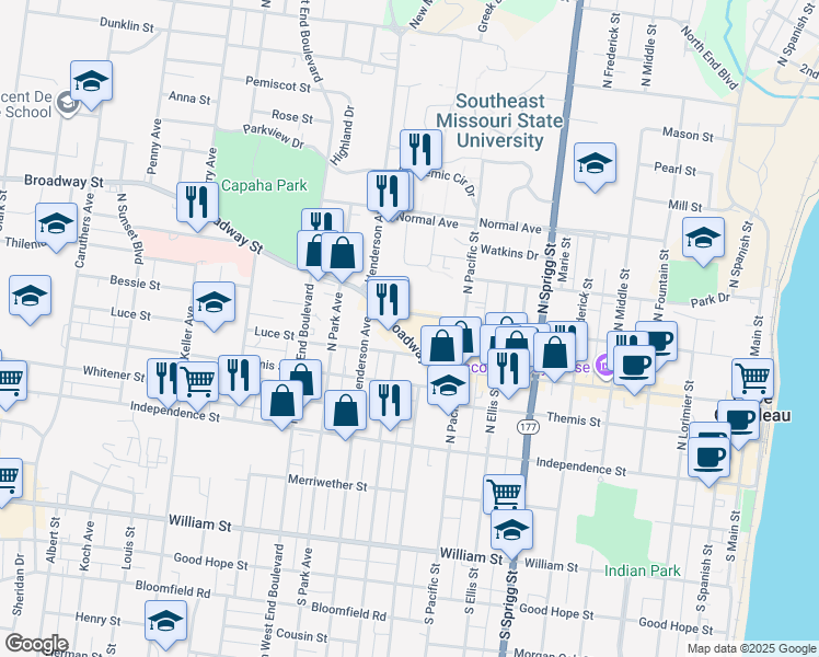 map of restaurants, bars, coffee shops, grocery stores, and more near 1029 Broadway Street in Cape Girardeau