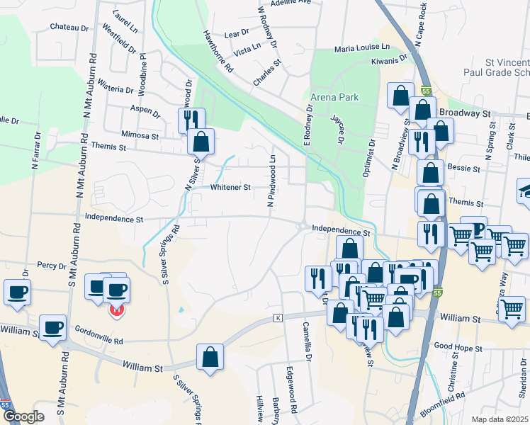 map of restaurants, bars, coffee shops, grocery stores, and more near 4 South Pindwood Lane in Cape Girardeau