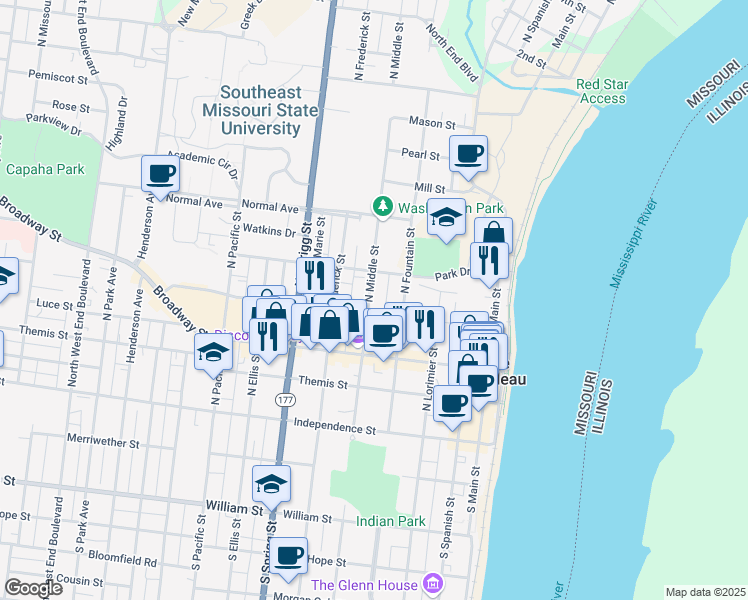 map of restaurants, bars, coffee shops, grocery stores, and more near 314 North Middle Street in Cape Girardeau