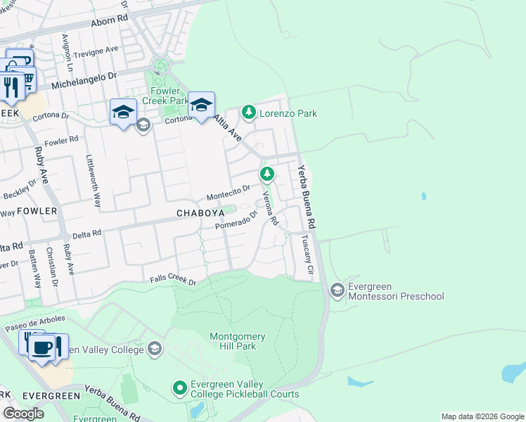 map of restaurants, bars, coffee shops, grocery stores, and more near 3365 Falls Creek Drive in San Jose