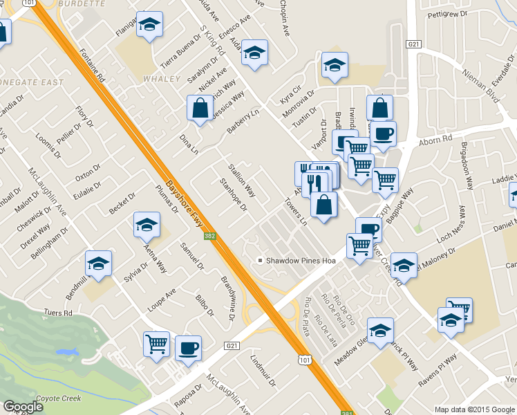 map of restaurants, bars, coffee shops, grocery stores, and more near 2979 Stallion Way in San Jose