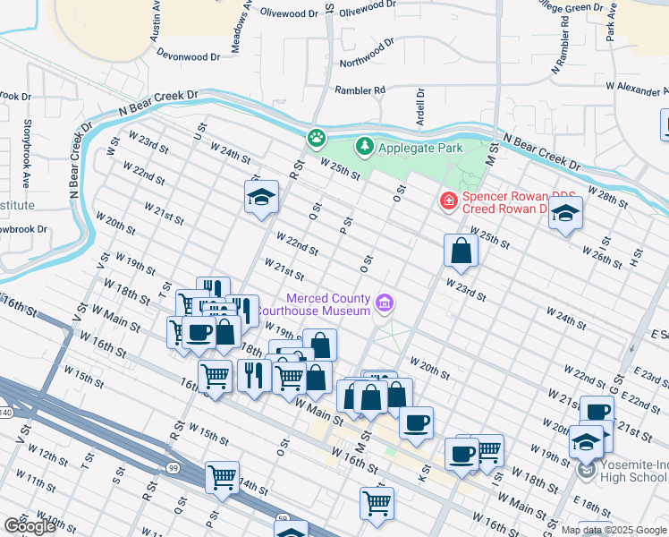 map of restaurants, bars, coffee shops, grocery stores, and more near 854 West 22nd Street in Merced