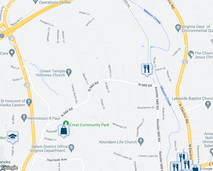 map of restaurants, bars, coffee shops, grocery stores, and more near 324 North Mill Court in Salem