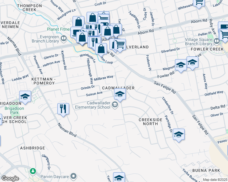 map of restaurants, bars, coffee shops, grocery stores, and more near 2737 Suisun Avenue in San Jose