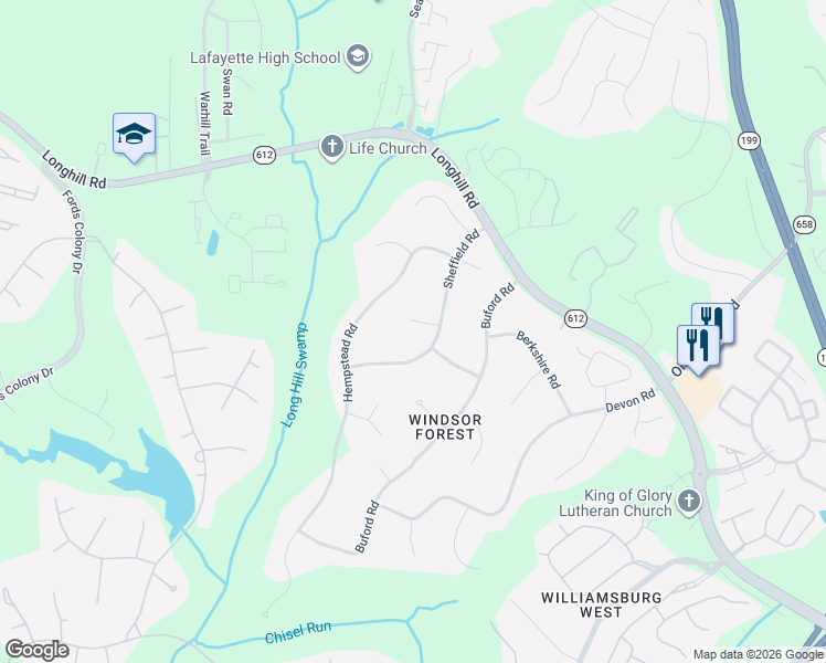 map of restaurants, bars, coffee shops, grocery stores, and more near 206 Sheffield Rd in Williamsburg