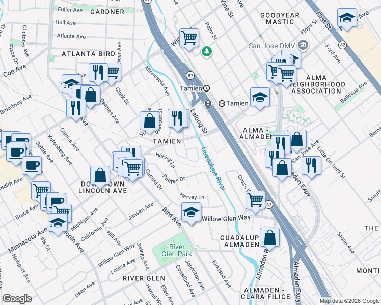 map of restaurants, bars, coffee shops, grocery stores, and more near 1523 Alma Terrace in San Jose