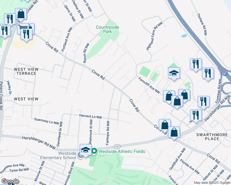 map of restaurants, bars, coffee shops, grocery stores, and more near 1952 Fairhope Road Northwest in Roanoke
