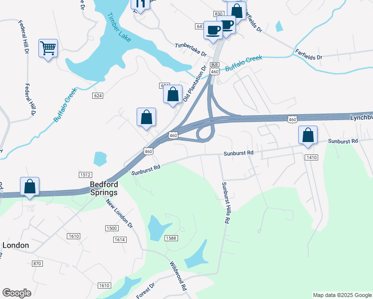 map of restaurants, bars, coffee shops, grocery stores, and more near Center Drive in Timberlake