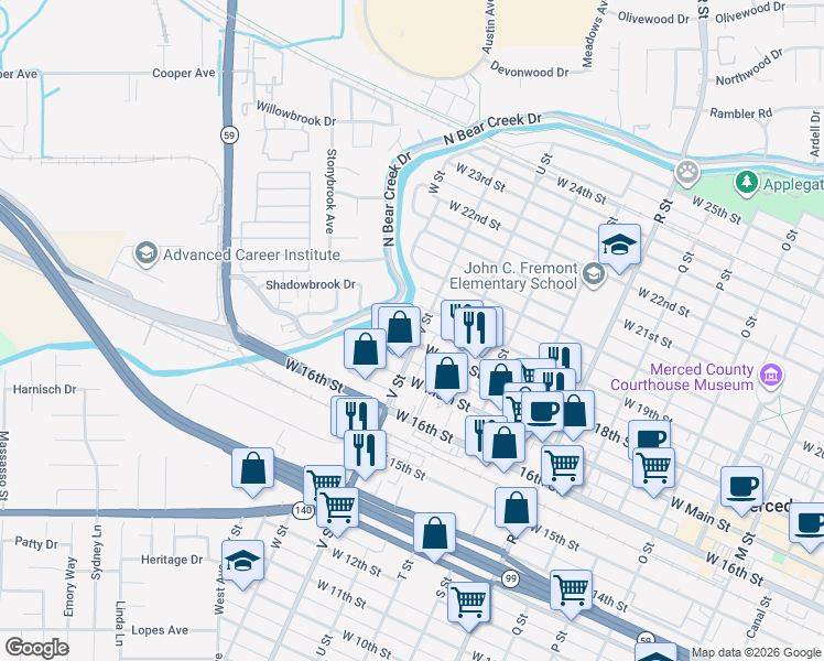 map of restaurants, bars, coffee shops, grocery stores, and more near 1505 West 18th Street in Merced
