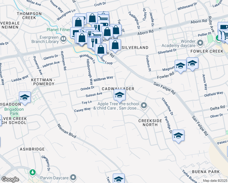 map of restaurants, bars, coffee shops, grocery stores, and more near 2737 Suisun Avenue in San Jose