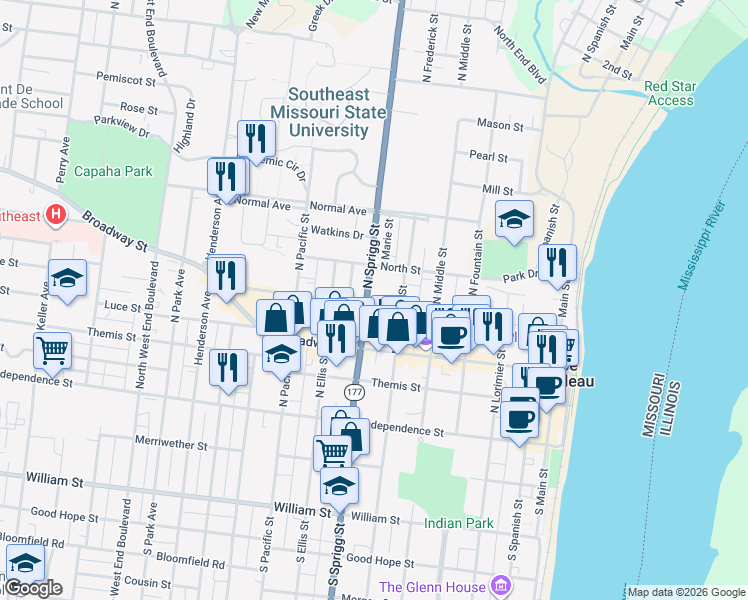 map of restaurants, bars, coffee shops, grocery stores, and more near 625 Bellevue Street in Cape Girardeau