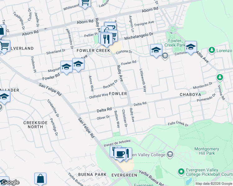 map of restaurants, bars, coffee shops, grocery stores, and more near 4179 Watkins Way in San Jose