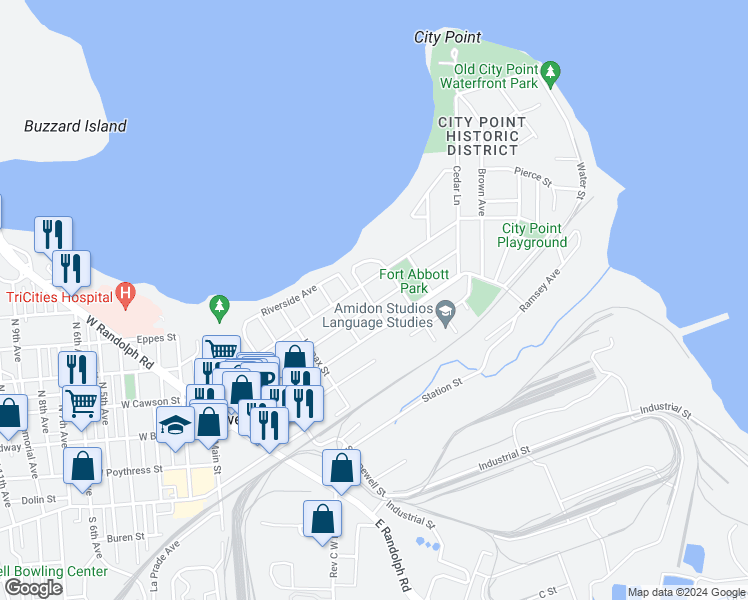map of restaurants, bars, coffee shops, grocery stores, and more near 609 East Cawson Street in Hopewell