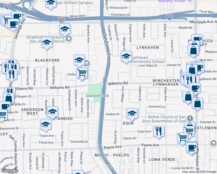 map of restaurants, bars, coffee shops, grocery stores, and more near 1010 Polk Lane in San Jose