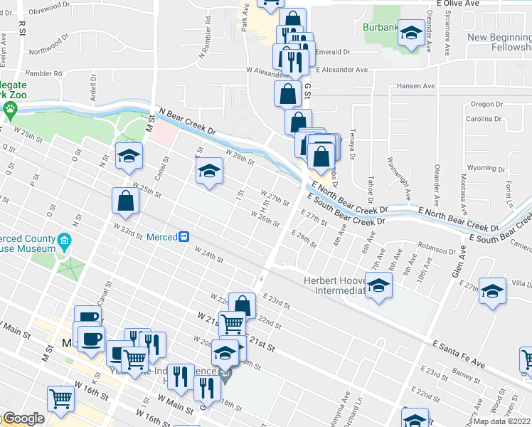 map of restaurants, bars, coffee shops, grocery stores, and more near 61 West 26th Street in Merced