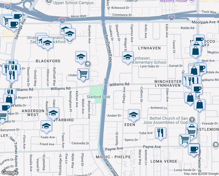 map of restaurants, bars, coffee shops, grocery stores, and more near 1010 Polk Lane in San Jose