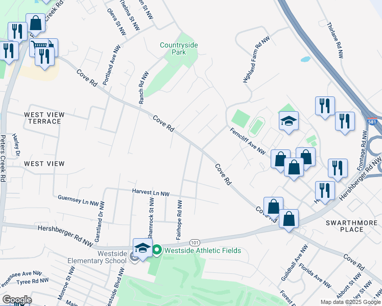 map of restaurants, bars, coffee shops, grocery stores, and more near 1952 Fairhope Road Northwest in Roanoke