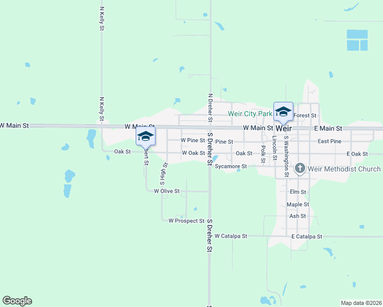 map of restaurants, bars, coffee shops, grocery stores, and more near 612 W Oak St in Weir
