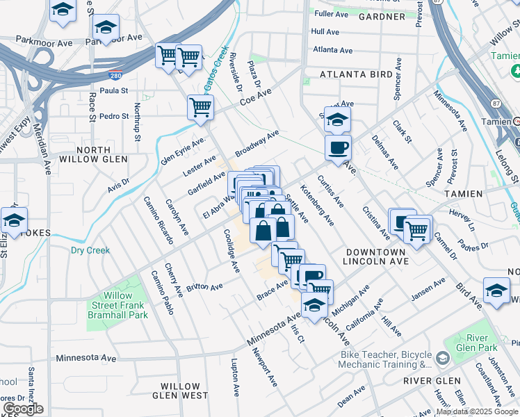 map of restaurants, bars, coffee shops, grocery stores, and more near 1109 Lincoln Avenue in San Jose