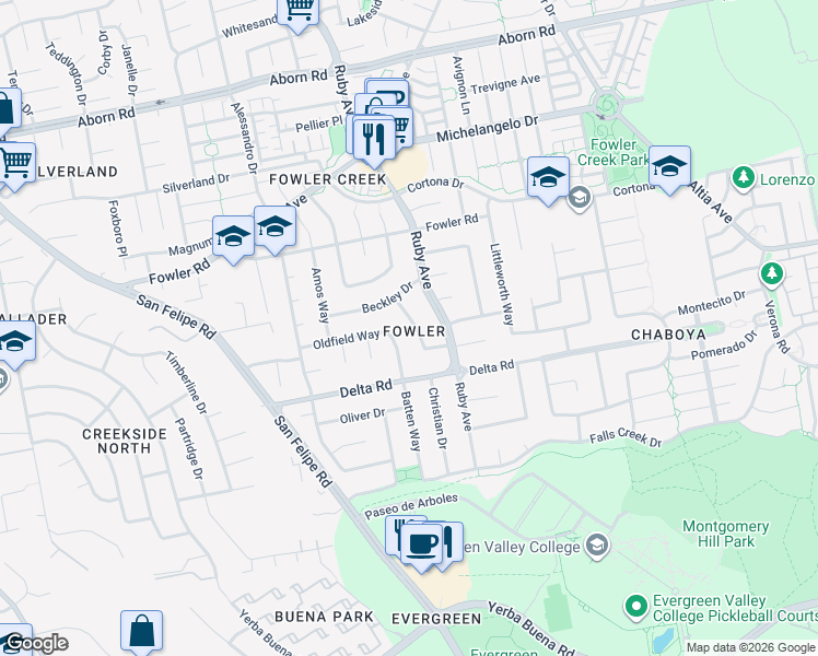 map of restaurants, bars, coffee shops, grocery stores, and more near 4179 Watkins Way in San Jose